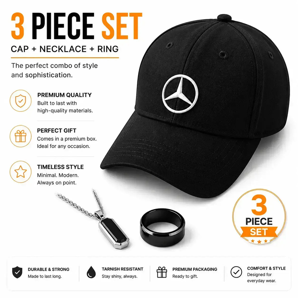 Pack of 3 Deal (Mercedes Cap + Stainless Chain + Black Ring)